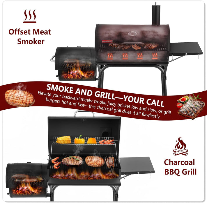 Charcoal Grill Offset Smoker, 744.5 Sq.In Outdoor BBQ Smoker Grill with Side Fire Box, 4-Position Charcoal Pan, Built-In Thermometer, Side Table & Wheels for Backyard Patio Camping