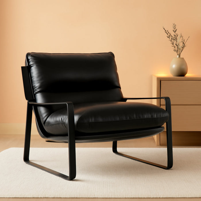 Mid-Century Accent Chair, Comfy PU Leather Side Chair with Armrest, Upholstered Leisure Chair with Black Metal Frame for Living Room Bedroom Reception Room, Black