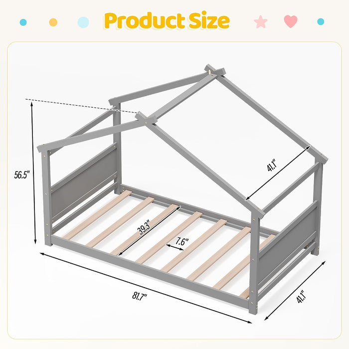 Grey 81InchLength Solid Pine TwinHouseBed Montessori