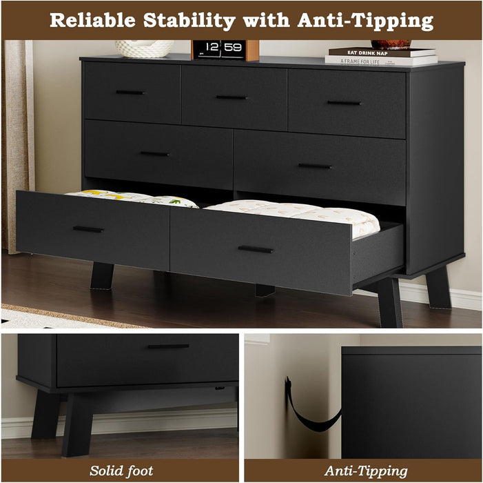 Dresser for Bedroom with 7-Drawer, 47.2" Wide Modern Chest of Drawers with Metal Handles, X-Shape Base & Adjustable Center Leg, Anti-Tip Closet Organizers and Storage
