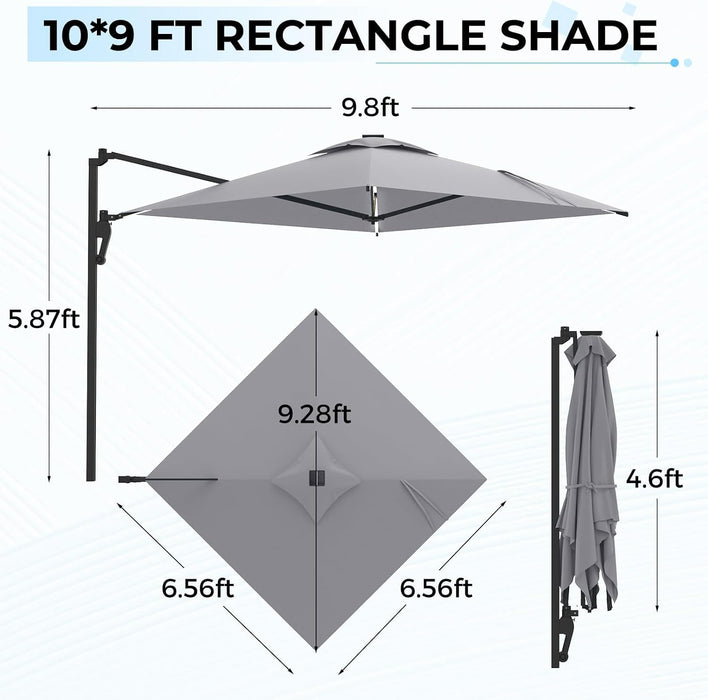 10Ft Solar LED Wall Mounted Outdoor Patio Umbrella, Rectangular Large Offset Cantilever Umbrellas with 180° Rotation Sun Awning for Deck Pool Garden Backyard, save Space, Grey