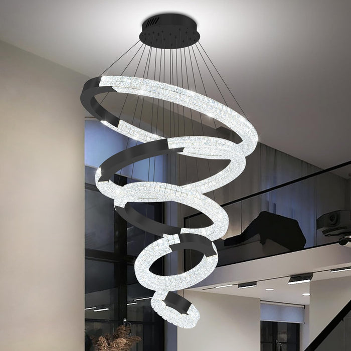 5 Ring Large Black Chandeliers Luxury Modern Crystal Chandelier Lighting, High Ceiling Chandelier for Foyer Staircase D12''+20''+27.5''+35''+43''