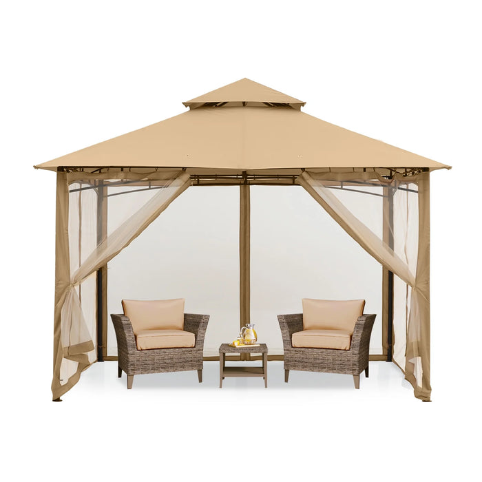 9' X 9' Outdoor Patio Gazebo Double Roof Steel Frame with Mesh Walls, Beige