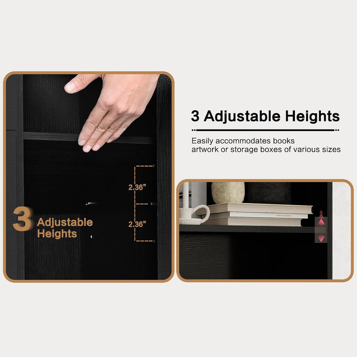 6-Tier Bookshelf with Door and 3 Drawers, 71" Tall Bookcase with 3-Tier Open Shelves, Wooden Book Shelf with Storage Cabinet for Home Office, Living Room, Bedroom, White (Black Bookcase) | with 3-Tier Open Shelves, Wooden Book Shelf with Storage Cabinet for Home Office, Living Room, Bedroom, Black