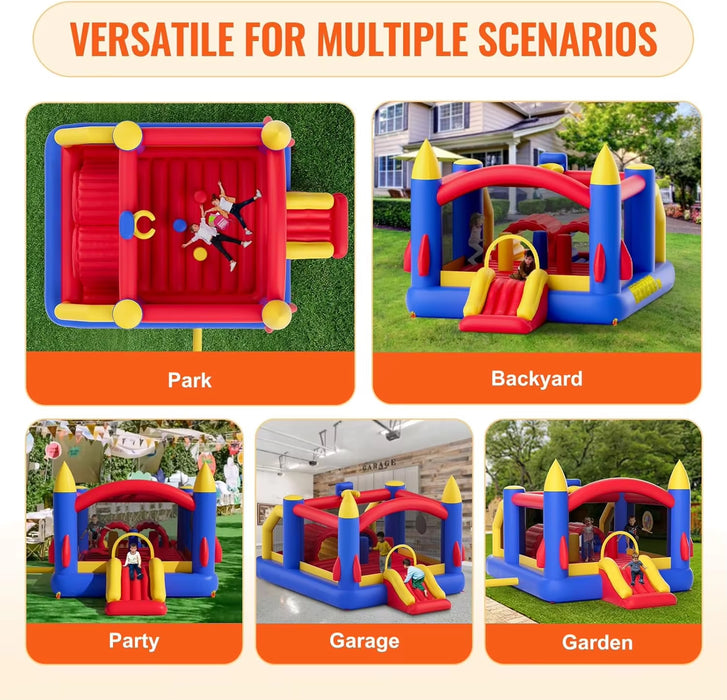 Inflatable Bounce House, Outdoor Playhouse Trampoline, Jumping Bouncer with Blower, Slide, and Storage Bag, Family