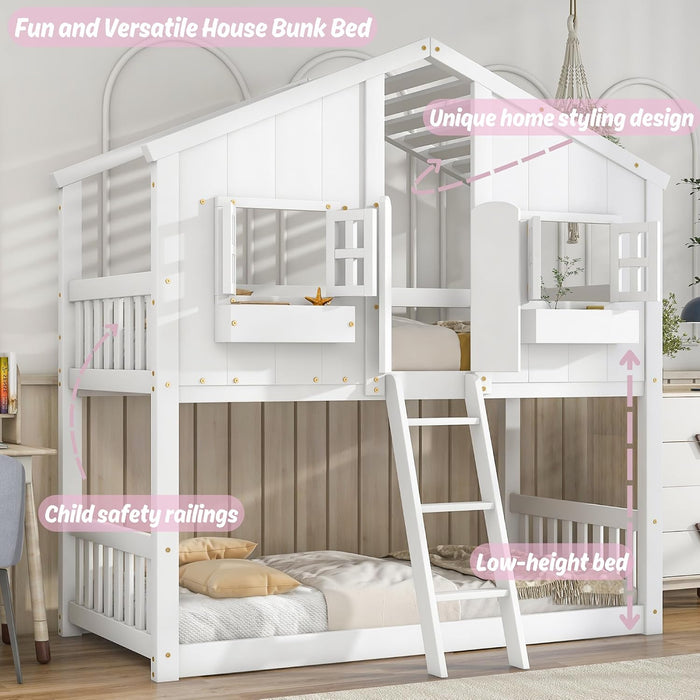 White SolidWood Playhouse BunkBed TwinOverTwin WithRoof Kids
