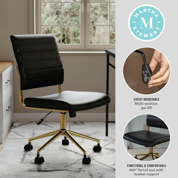 Ivy Armless Swivel Task Chair for Home Office in Black Faux Leather with Polished Brass Frame