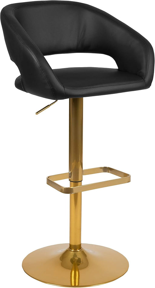 Erik Contemporary Adjustable Height Barstool with Footrest and Rounded Mid-Back, Upholstered Bar or Counter Height Stool, Black/Gold