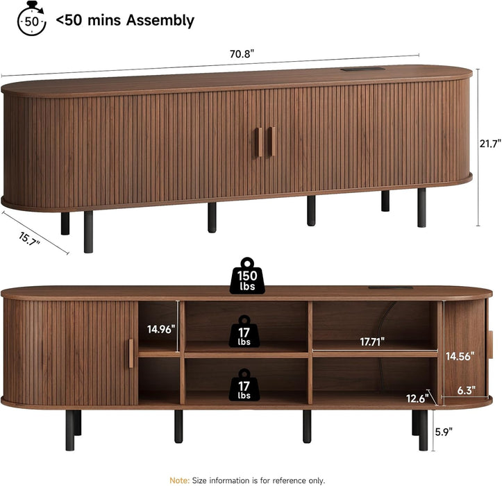 70.8" TV Stand with Power Outlet for Tvs up to 75 Inch, Entertainment Center with Storage and Adjustable Shelves, Modern Media Console with Sliding Doors for Living Room, Walnut