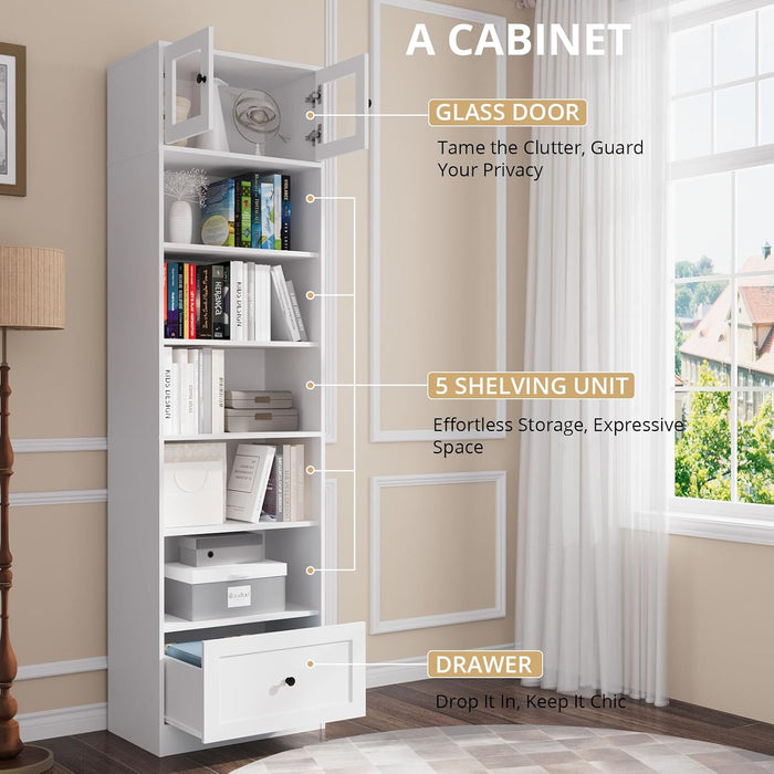 85.5" Tall Display Cabinet with Drawer, 7 Tier White Bookcase with Open Shelves and Glass Door, 23.8" Wide Curio Storage Cabinet for Living Room, Home Office, Study (2-Pack)