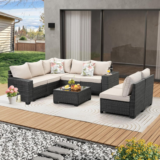 8 Pieces Patio Furniture Set All-Weather Outdoor Wicker Sectional Conversation Sofa Rattan Patio Seating Sofa with Cushion and Glass Table for Porch Poolside,Beige