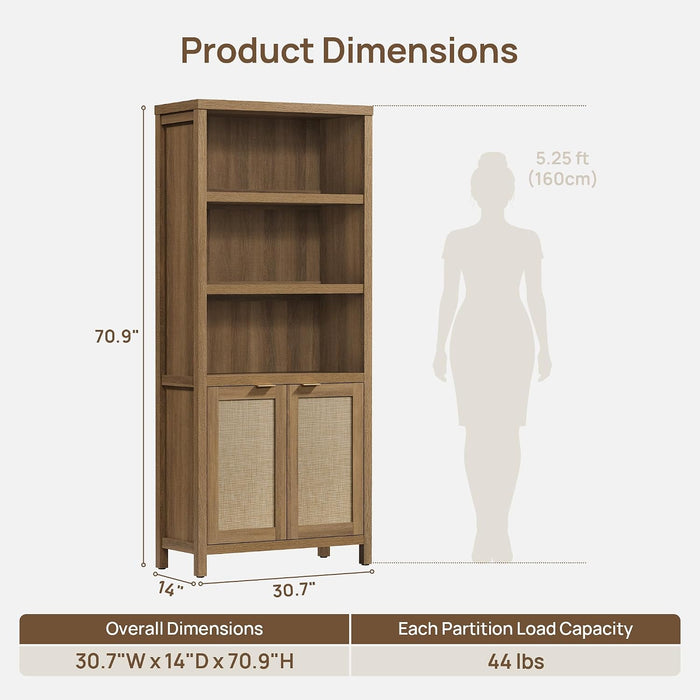 71" Tall Bookcase 5 Tier Rattan Bookshelf with Doors for Library | Farmhouse Storage Book Shelf with Adjustable Shelves Large Book Case Bookshelves for Living Room Home Office Bedroom Kitchen