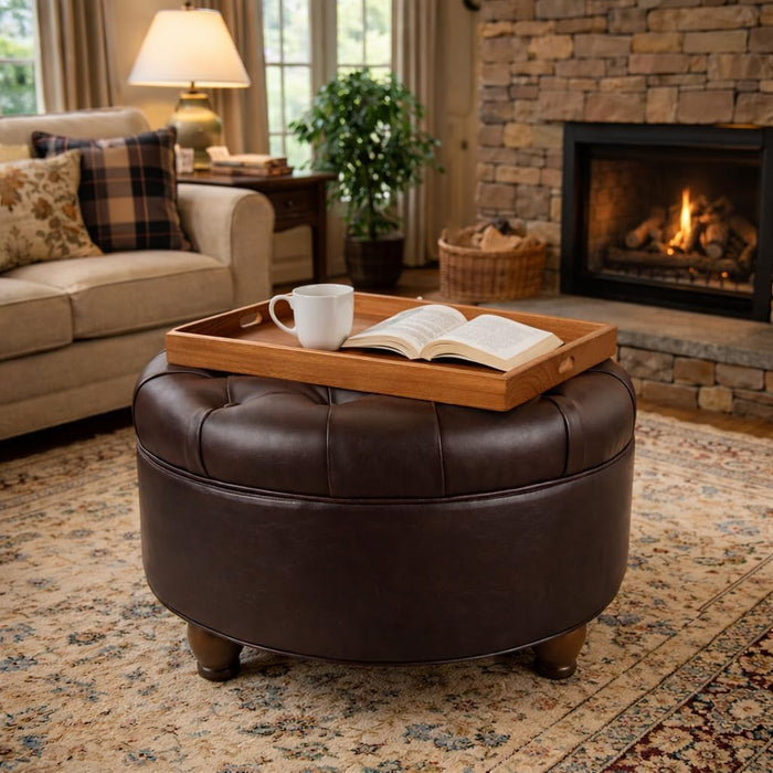 Home Decor | Button Tufted Faux Leather round Storage Ottoman | Ottoman with Storage for Living Room & Bedroom (Distressed Brown)