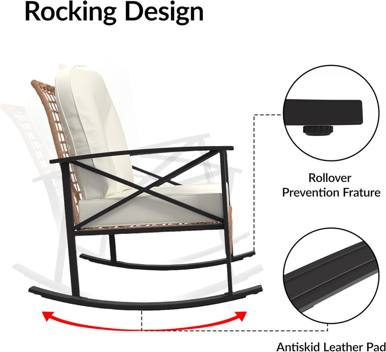Patio Furniture Set 3 Piece, Rattan Rocking Bistro Table and Chairs Set of 2, Wicker Outdoor Indoor Conversation Set with Soft Thick Cushions and 2-Tier Coffee Table for Balcony, Lawn, Backyard