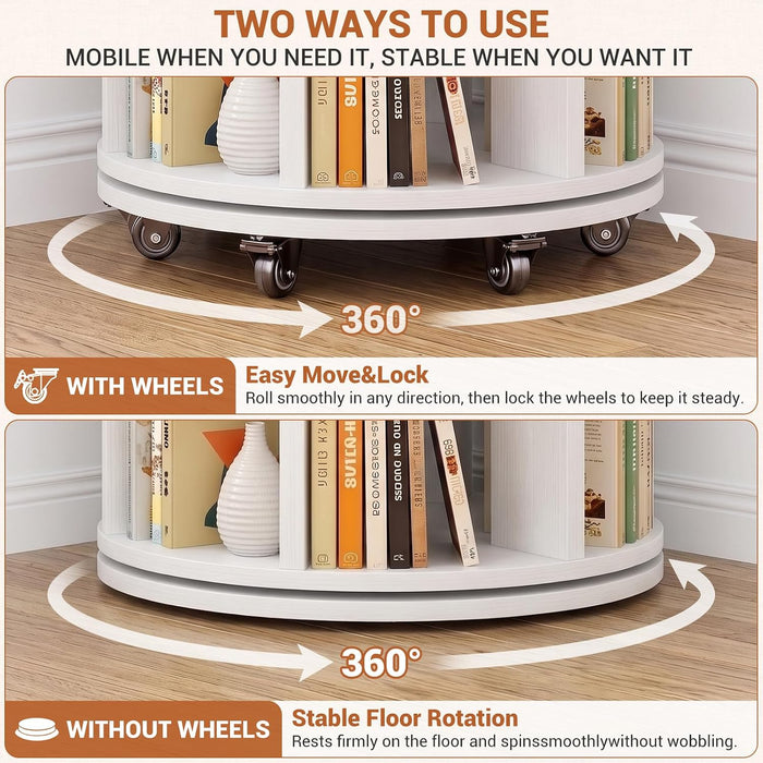 6-Tier Rotating Bookshelf Tower, Solid Wood 360° Revolving Bookcase | round Spinning Book Shelf Organizer on 6 Wheels, Narrow Rolling Bookshelves for Small Spaces, Corner, Bedroom, Office, White