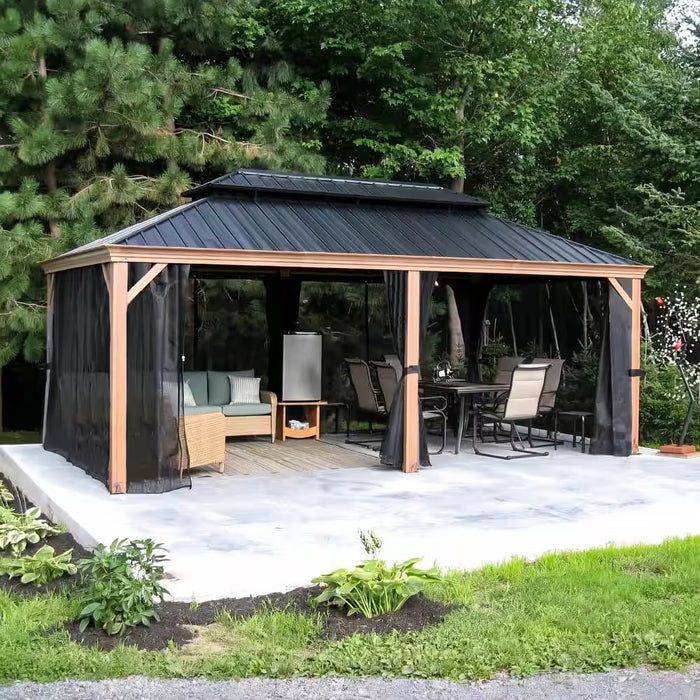 12 Ft.X 18 Ft.Wood Grain Aluminum Power-Coated Frame Galvanized Steel Double Roof Hardtop Gazebo,Hooks, Netting,Curtain