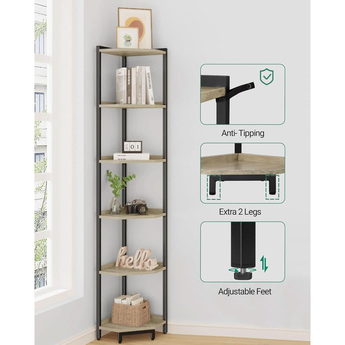 Corner Shelf Stand, Corner Bookshelf, Storage Standing Shelf Unit with Metal Frame, Plant Stand, Corner Bookcase for Living Room, Home Office, Bedroom, 6-Tier Greige CS06005B