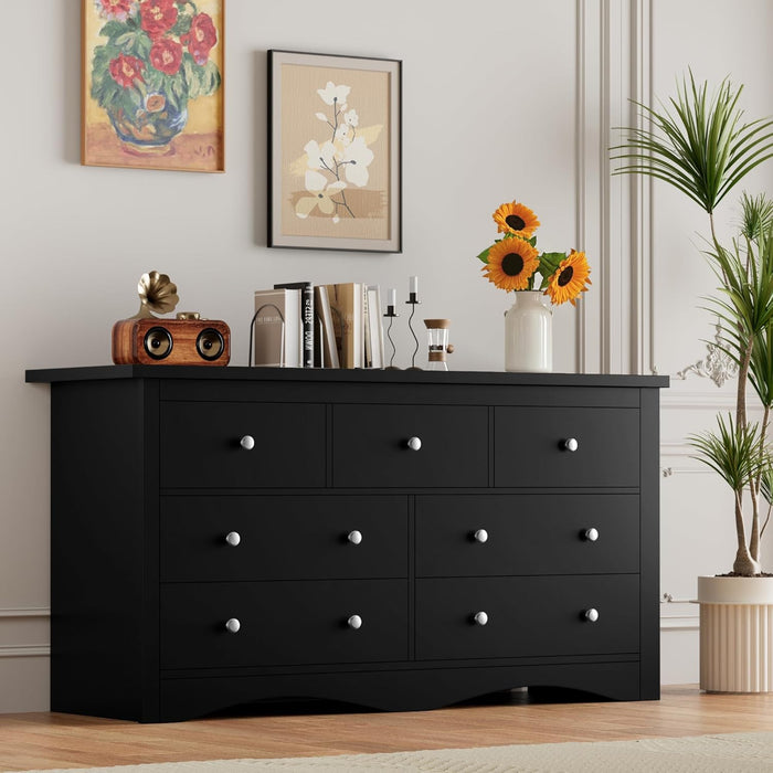 Dresser for Bedroom, 7 Wood Dresser, Chest of Drawers, for TV up to 65 Inch, TV Stand Storage Chest of Drawers for Hallway Entryway (Black)