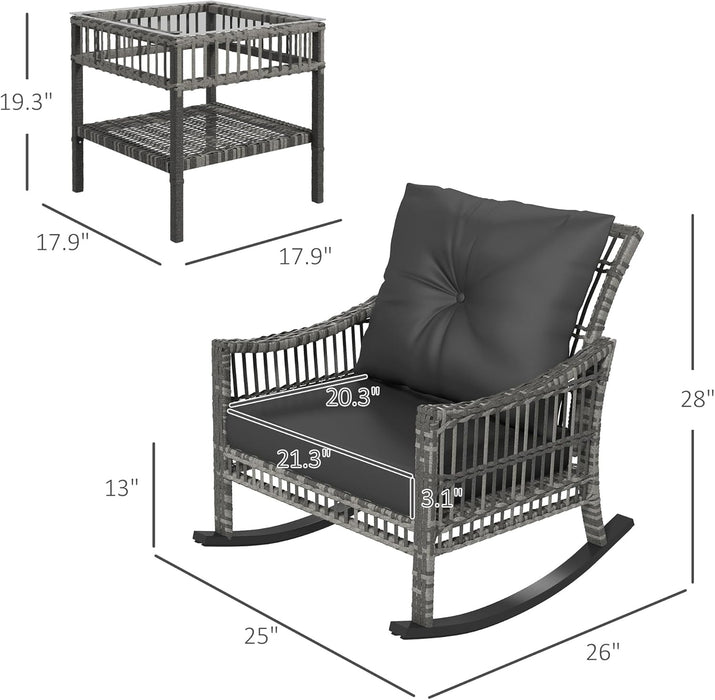 Wicker Outdoor Rocking Chair Set, 3 Piece Patio Furniture Set with Padded Cushions and Storage Coffee Table, 2-Seater PE Rattan Bistro Set for Garden Backyard Porch, Gray