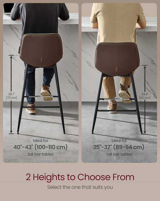 Bar Stools Set of 2, Bar Height Bar Stools with Back, Ergonomic Backrest, Synthetic Leather, Metal Legs, 28.7-Inch Tall Stools for Kitchen Island Home Bar, Coffee Brown ULBC888K02