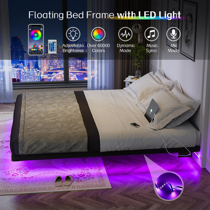 King Size Floating Bed Frame, Metal Platform, with LED Light and Charging Station, No Box Spring Needed, Noise-Free, Easy Assembly