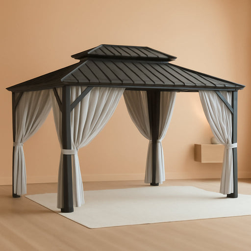 16'X12' Hardtop Gazebo, Update Aluminum Frame Gazebo with Galvanized Steel Double Roof, Outdoor Pergola with Curtain and Net, Backyard Canopy for Garden, Deck, Gray and Black