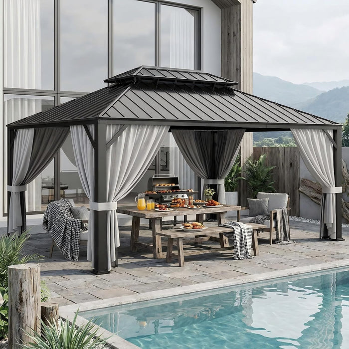 16'X12' Hardtop Gazebo, Update Aluminum Frame Gazebo with Galvanized Steel Double Roof, Outdoor Pergola with Curtain and Net, Backyard Canopy for Garden, Deck, Gray and Black