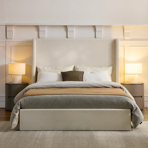 Queen Size Upholstered Wingback Bed with 54" Tall Headboard, Modern Minimalist Design Platform Bed, Textured Canvas Chenille, Easy Assembly, Sturdy Frame, Box Spring Required, Ivory