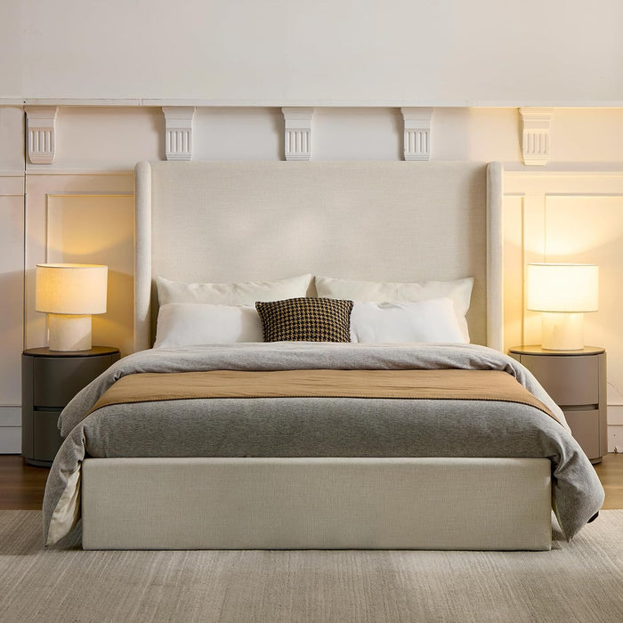Queen Size Upholstered Wingback Bed with 54" Tall Headboard, Modern Minimalist Design Platform Bed, Textured Canvas Chenille, Easy Assembly, Sturdy Frame, Box Spring Required, Ivory