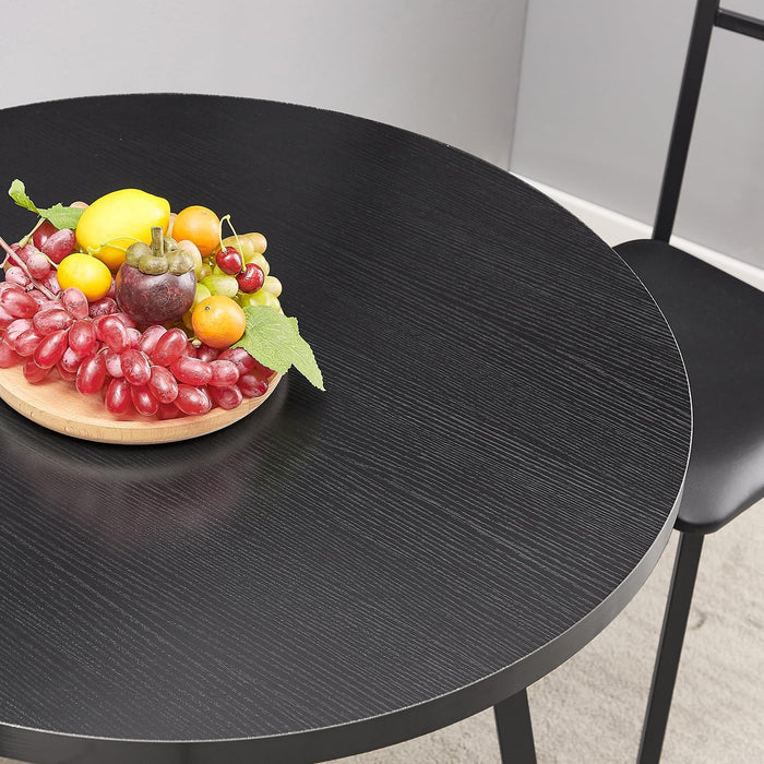 round Dining Room Table with Wood Grain Tabletop and Steel Frame, for Kitchen, Living Room, Office, Conference, 2 to 4 Person, Black