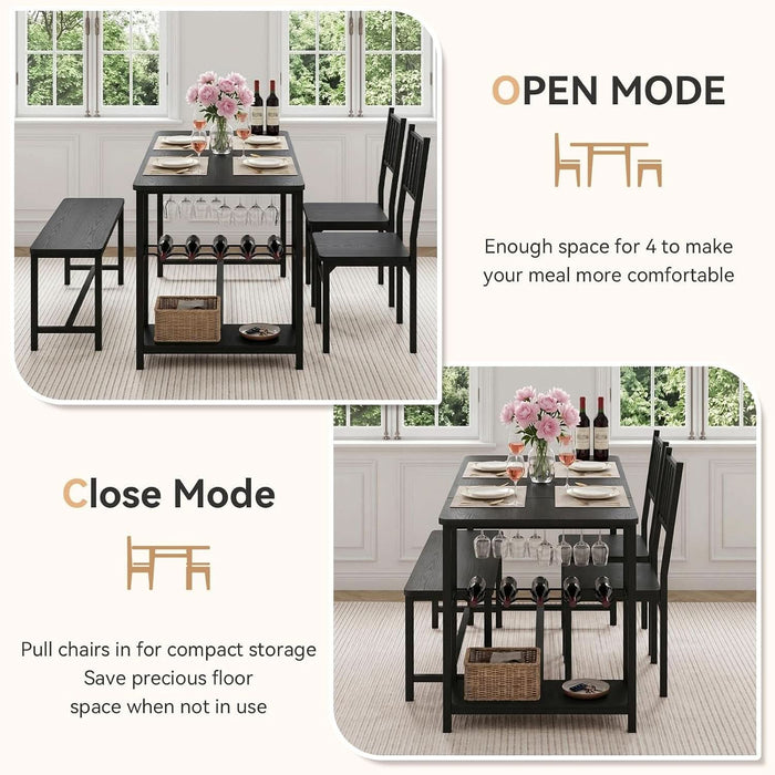 55-Inch Dining Table Set for 4 with Bench, Wine Rack, Black