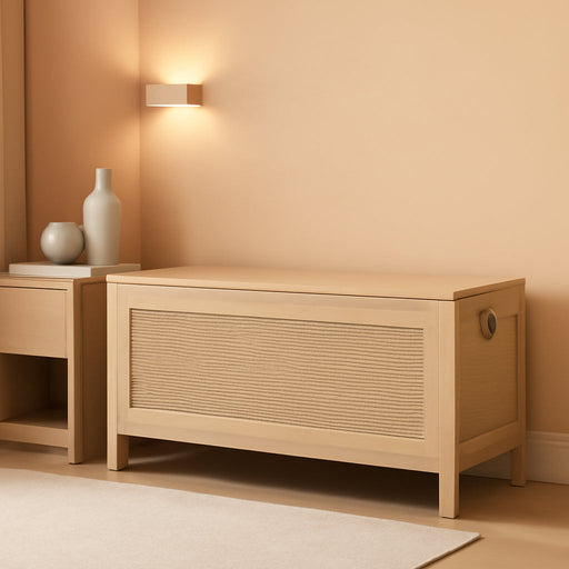 Storage Bench, Large Toy Box, Storage Chest with Faux Rattan Decoration, Toy Chest, 39.4'' Toy Storage Organizer, Safety Hinge and Sturdy Support, for Living Room, Bedroom, Natural NL101CW01