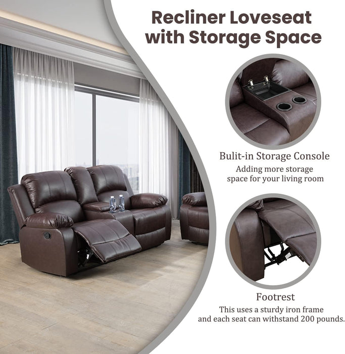 Manual Recliner Sofa Set, Bonded Leather Sofa Set Living Room Furniture, Reclining Sofa Set Leather Recliner Couch with Cup Holder/Storage Console for Living Room (3 Pieces Couch Set, Brown)
