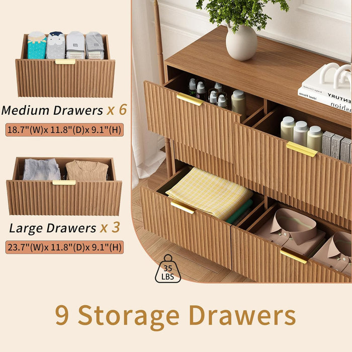 9 Drawer Dresser for Bedroom with Deep Drawers, 63" Wide Wood Dresser, Large Floor Chest of Drawers, Modern Long TV Stand, Mid Century Storage Cabinet Side Table, Natural