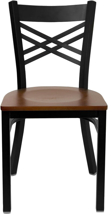 2 Pk. HERCULES Series Black ''X'' Back Metal Restaurant Chair - Cherry Wood Seat