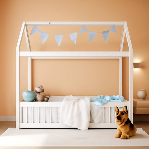SolidWooden House Bed FullSize White Guardrail System