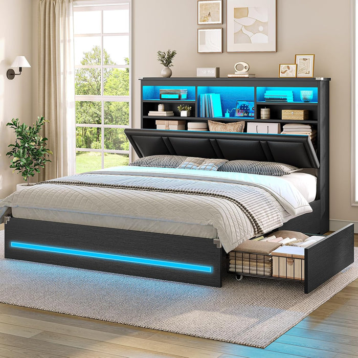 Full Size Bed Frame with 4 Storage Drawers and Headboard, Black