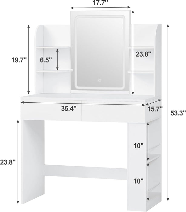Makeup Vanity with Mirror and Lights, Vanity Desk with 3 Color Modes and Adjustable Light Brightness, Makeup Table with Storage Drawer, Open Shelves, and Side Storage (White, No Bench)