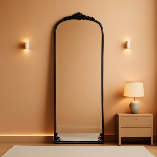 56"X21" Arch Mirror Full Length, Traditional Vintage Ornate Baroque Mirror with Bottom Corner Pattern, Hanging or Leaning for Entryway/Bathroom/Fireplace/Bathroom, Black