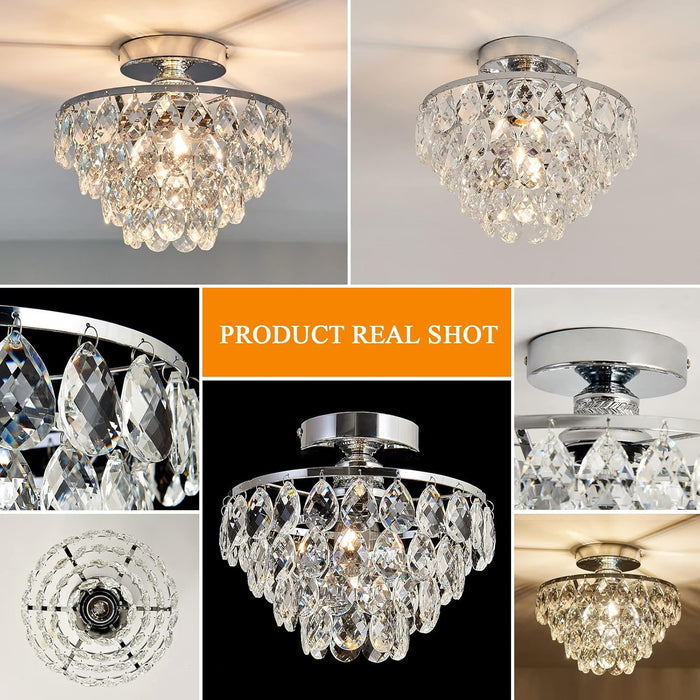 Modern E26 Small Crystal Chandelier Semi Flush Mount Ceiling Light Fixture Silver Ceiling Lamp for Hallway Bedroom Bathroom Closet Bedroom Foyer （Chrome）