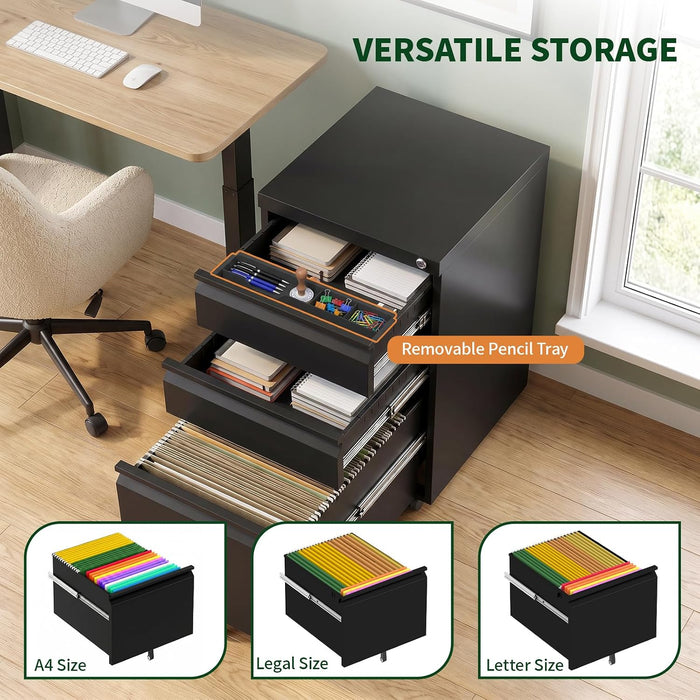 3 Drawer Metal File Cabinet with Lock & Rolling Casters