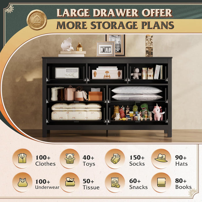 Farmhouse Dresser for Bedroom, 51.18'' Wide 7 Drawer Wood Dresser, Black TV Stand for 65 Inch TV, Wooden Chest of Drawers for Bedroom, Modern Clothes Organizer for Living Room, Hallway