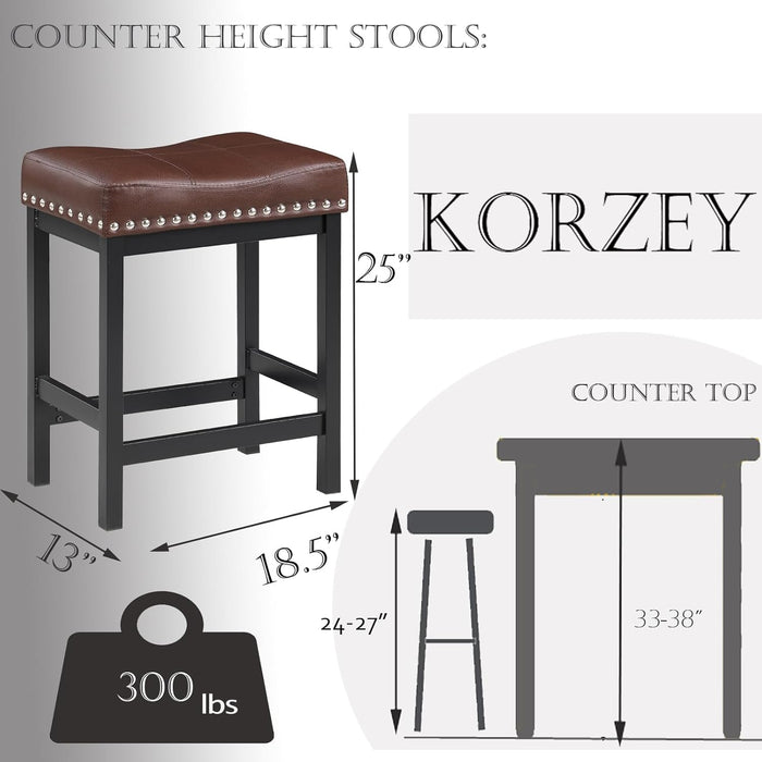 Bar Stools Set of 2, 24" Counter Height Bar Stools, Pu Leather Barstools Metal Frame for Kitchen Island, Saddle Barstools with Nailhead Trim, Brown
