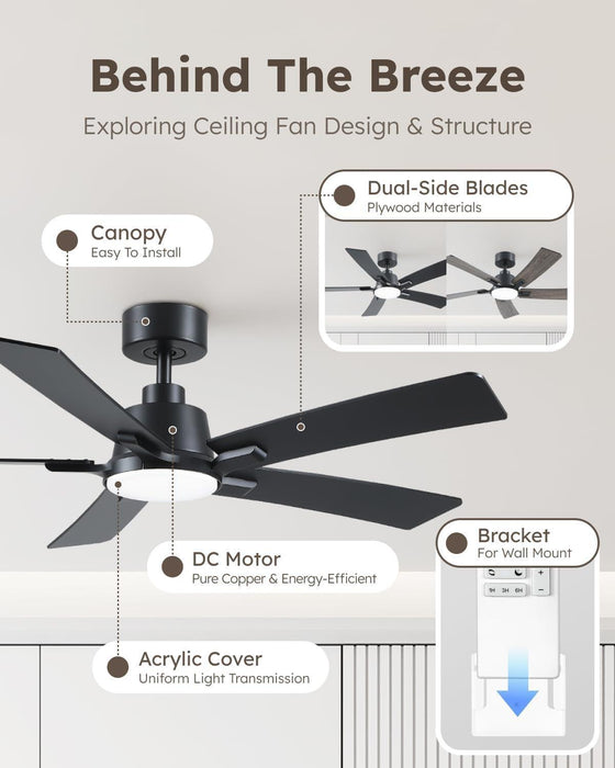 52 Inch Ceiling Fans with Lights and Remote, Black Ceiling Fan, Downrod Style with 5 Blades, Modern Design for Indoor Bedroom Living Room/Outdoor, 6 Speed Reversible DC Motor, 3CCT Dimmable LED