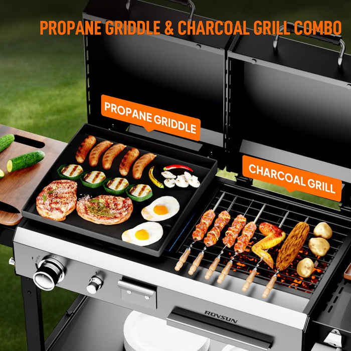 2-In-1 Propane Gas Grill and Charcoal Grill Combo with Lid, 12000BTU Flat Top Griddle & Charcoal BBQ Grill with Electronic Ignition, Enamel Griddle & Grate for Outdoor Backyard Cooking Barbecue