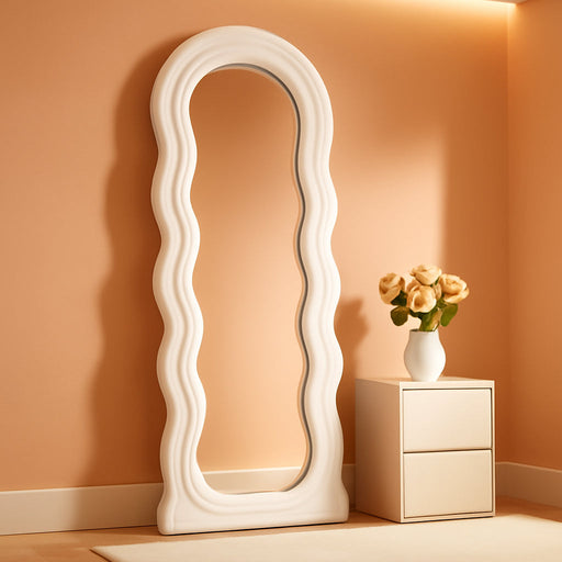 Full Length Mirror, 63"X24" Wavy Floor Mirror, Arched Standing Mirrors Full Length, Cloud Shaped Flannel Wall Mirror, Dressing Body Mirrors Hanging or Leaning against Wall for Bedroom (White)