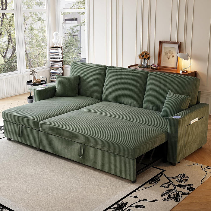 Luxurious Corduroy Green 83-Inch Sleeper Sectional Sofa