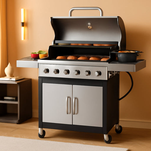 6-Burner Propane Gas BBQ Grill with Side Burner & Porcelain-Enameled Cast Iron Grates, Stainless Steel Barbecue Grills Outdoor Cooking for Outside, 665 SQ.IN. Cooking Area, 65,800BTU