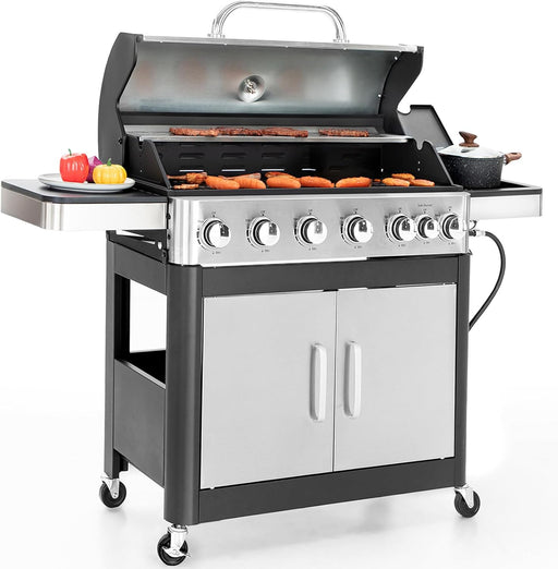 6-Burner Propane Gas BBQ Grill with Side Burner & Porcelain-Enameled Cast Iron Grates, Stainless Steel Barbecue Grills Outdoor Cooking for Outside, 665 SQ.IN. Cooking Area, 65,800BTU