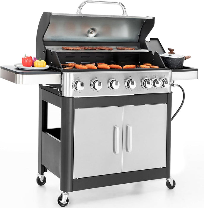 6-Burner Propane Gas BBQ Grill with Side Burner & Porcelain-Enameled Cast Iron Grates, Stainless Steel Barbecue Grills Outdoor Cooking for Outside, 665 SQ.IN. Cooking Area, 65,800BTU